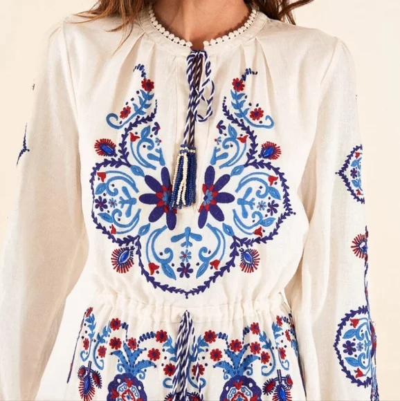 FARM Rio White Long-Sleeve Maxi Dress with Blue and Purple Embroidery - Picture 6 of 9